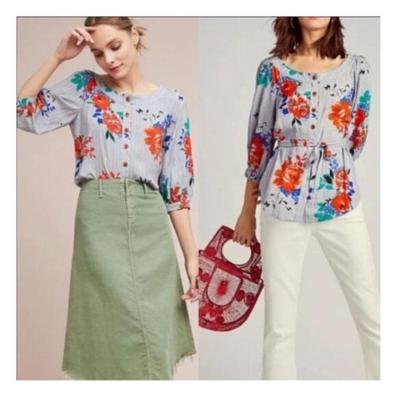 Anthropologie Maeve Lillorne Striped & Floral Button Blouse with Waist Tie - Picture 2 of 13